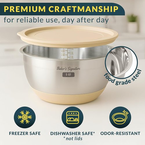 Baker's Signature Stainless Steel Mixing Bowls Set - 5 Sizes with Airtight Lids & Non-Slip Base | Khaki
