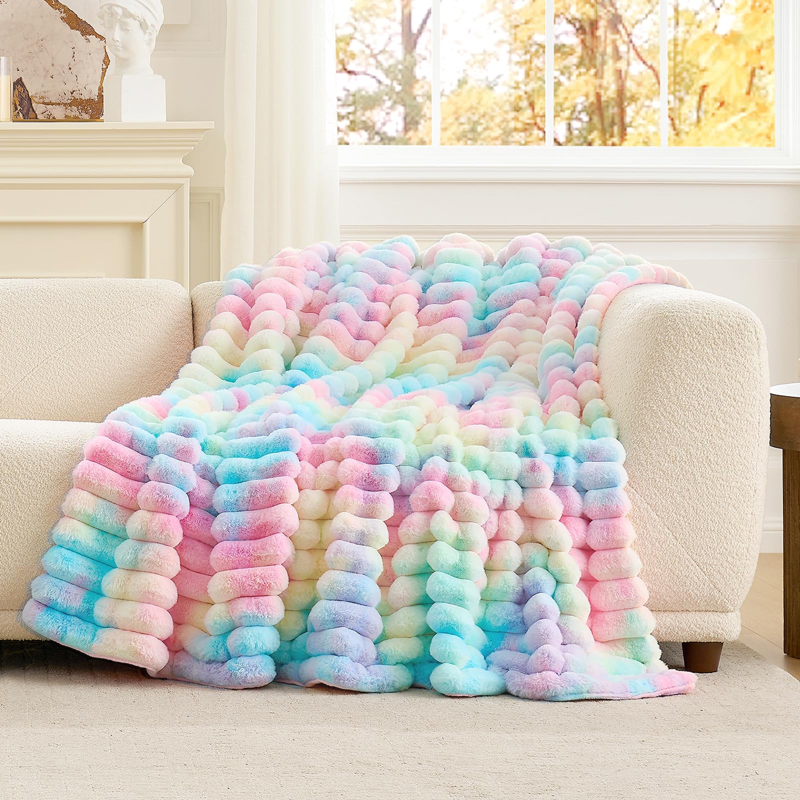 Cozy Bliss Faux Fur Throw Blanket for Couch, Cozy Warm Plush Striped Blanket for Sofa Bedroom Living Room, 50 * 60 Inches Tie-dye Rainbow