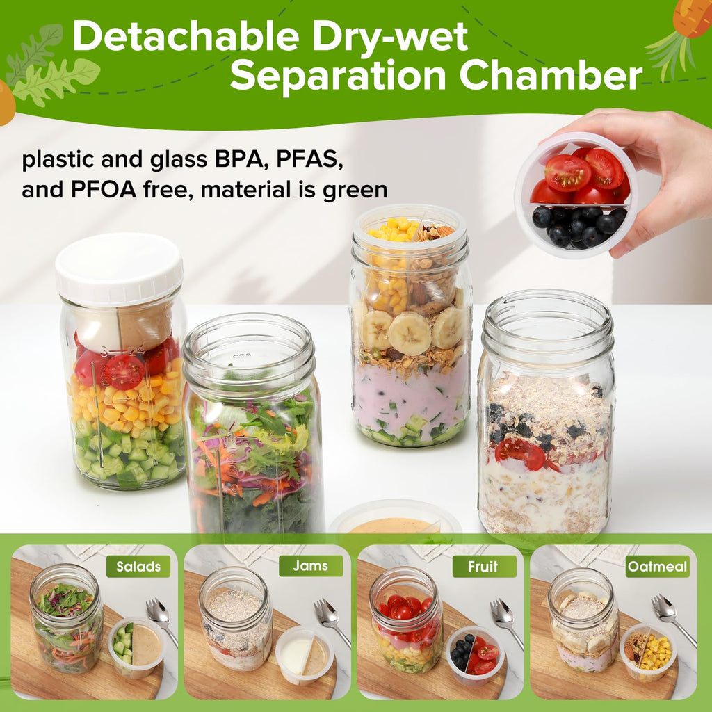 Fusnugk 4 Pack Glass Salad Mason Jars with Lids Meal Prep 32 oz Wide Mouth
