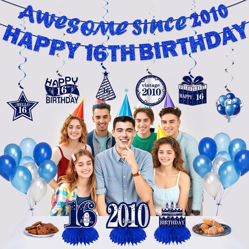 Kuxriox 11Pcs 16th Birthday Decorations Kit for Boys Men, Blue Sliver Happy 16th Birthday Banner, Awesome Since 2010 Centerpieces Swirls Party Supplies, Sixteen Bday Banner Ceiling Table Topper Sign