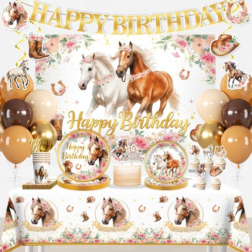 Xynic 211 Pcs Horse Party Decorations, Cowgirl Birthday Party Decorations Includes Plates, Banner, Cups, Napkins, Hanging Swirl, Tablecloth, Horse Birthday Decorations for Girls