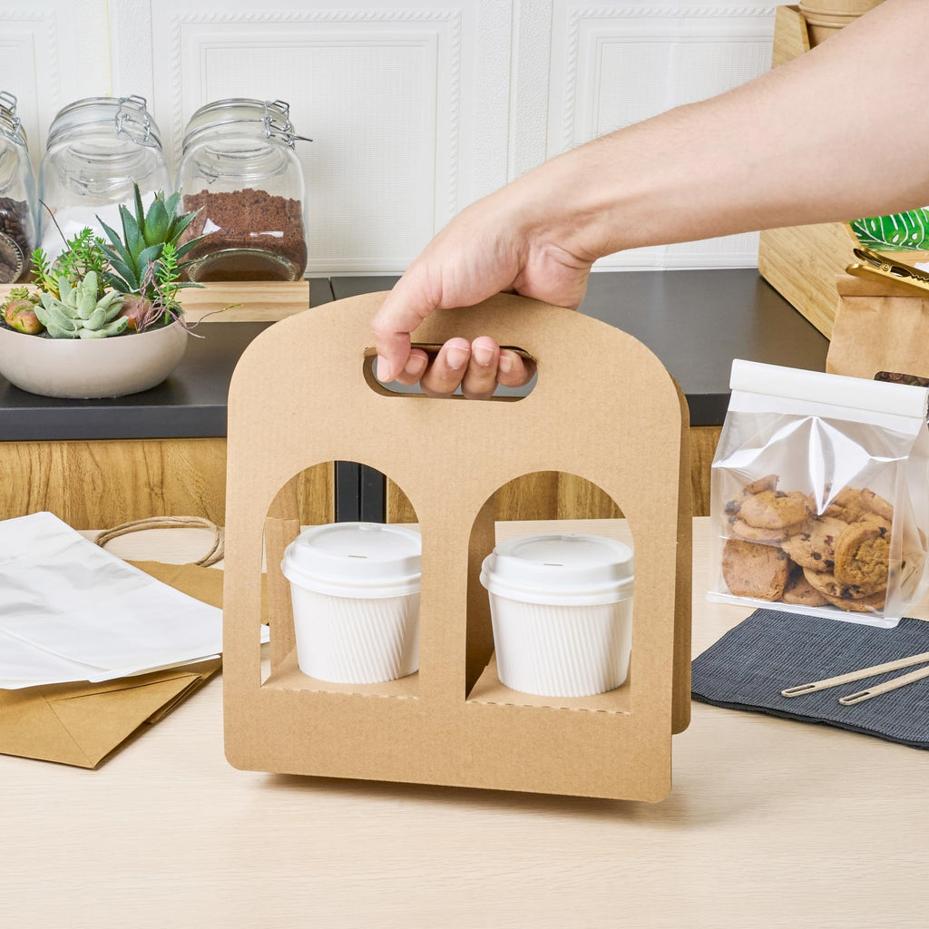 Restaurantware Bio Tek Drink Carriers 100 Disposable Cup Carriers With Handles - Holds 2 Cups For Delivery Or To Go Kraft Paper Drink Holders Built-In Handle Fits Multiple Beverages