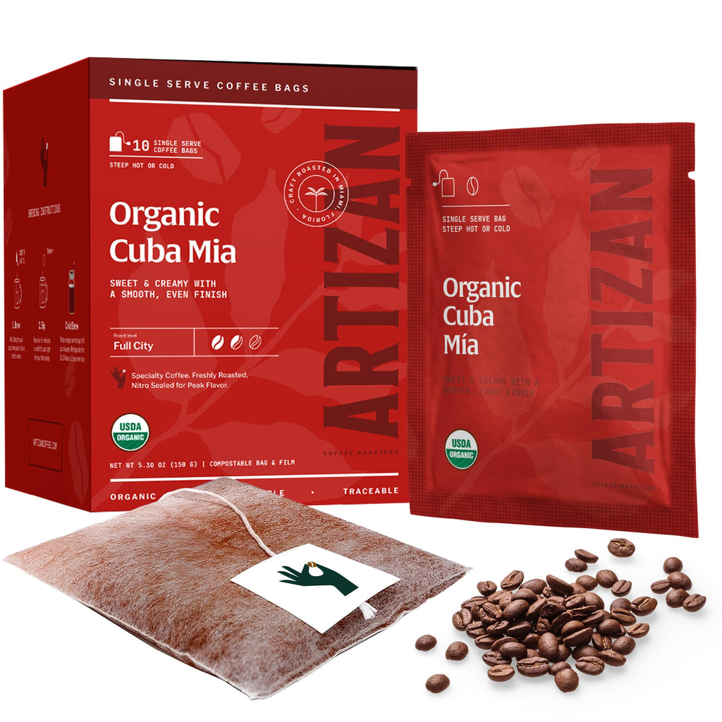 Artizan Coffee Roasters Organic Single-Serve Bags | Cuba Mia Blend | Full City Roast | 40 Count | On-the-Go – No Equipment Needed | Specialty Grade, Nitro-Sealed, Compostable