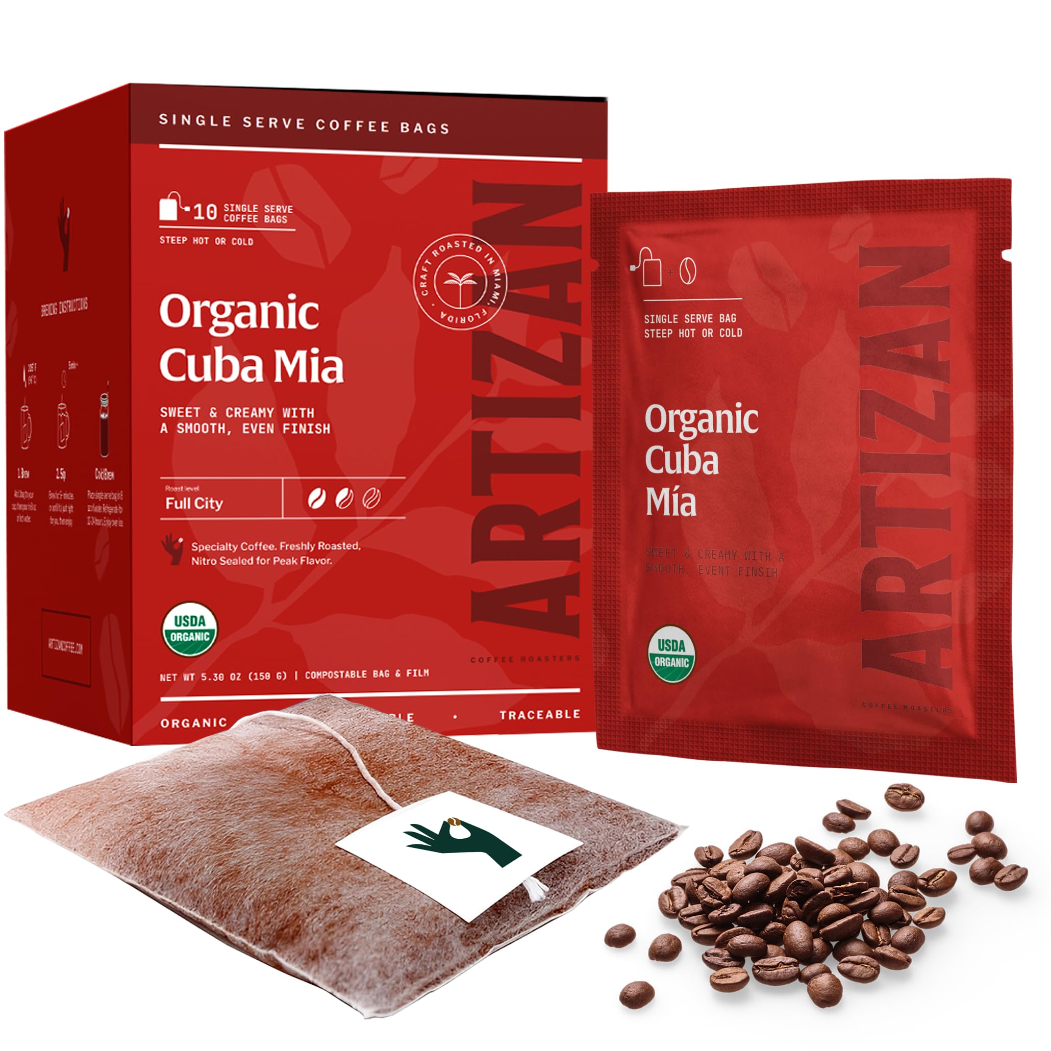 Artizan Coffee Roasters Organic Single-Serve Bags | Cuba Mia Blend | Full City Roast | 40 Count | On-the-Go – No Equipment Needed | Specialty Grade, Nitro-Sealed, Compostable