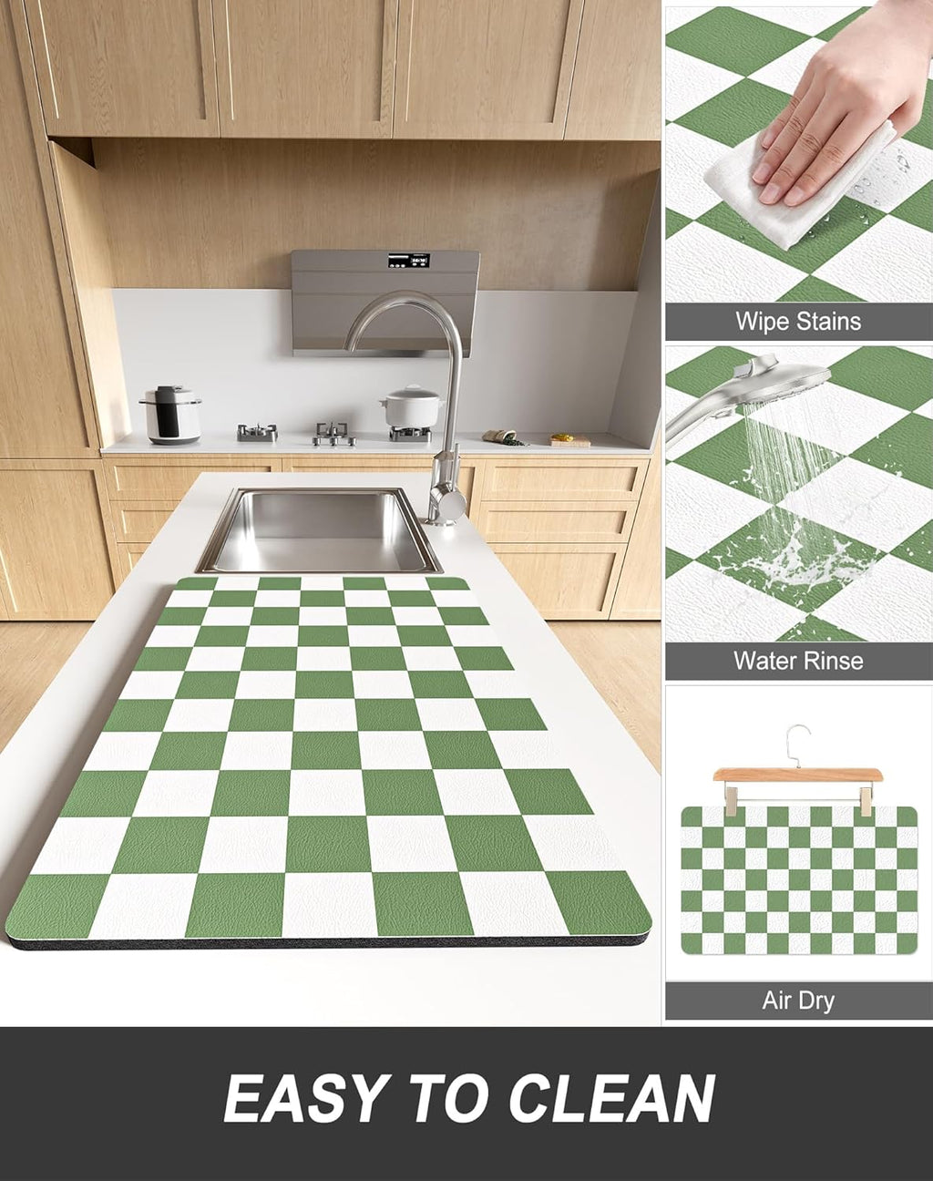 Rnivvi Dish Drying Mat - Absorbent Non-Slip Draining Pad for Kitchen | 12 x 19 Inches, Green & White Checkered