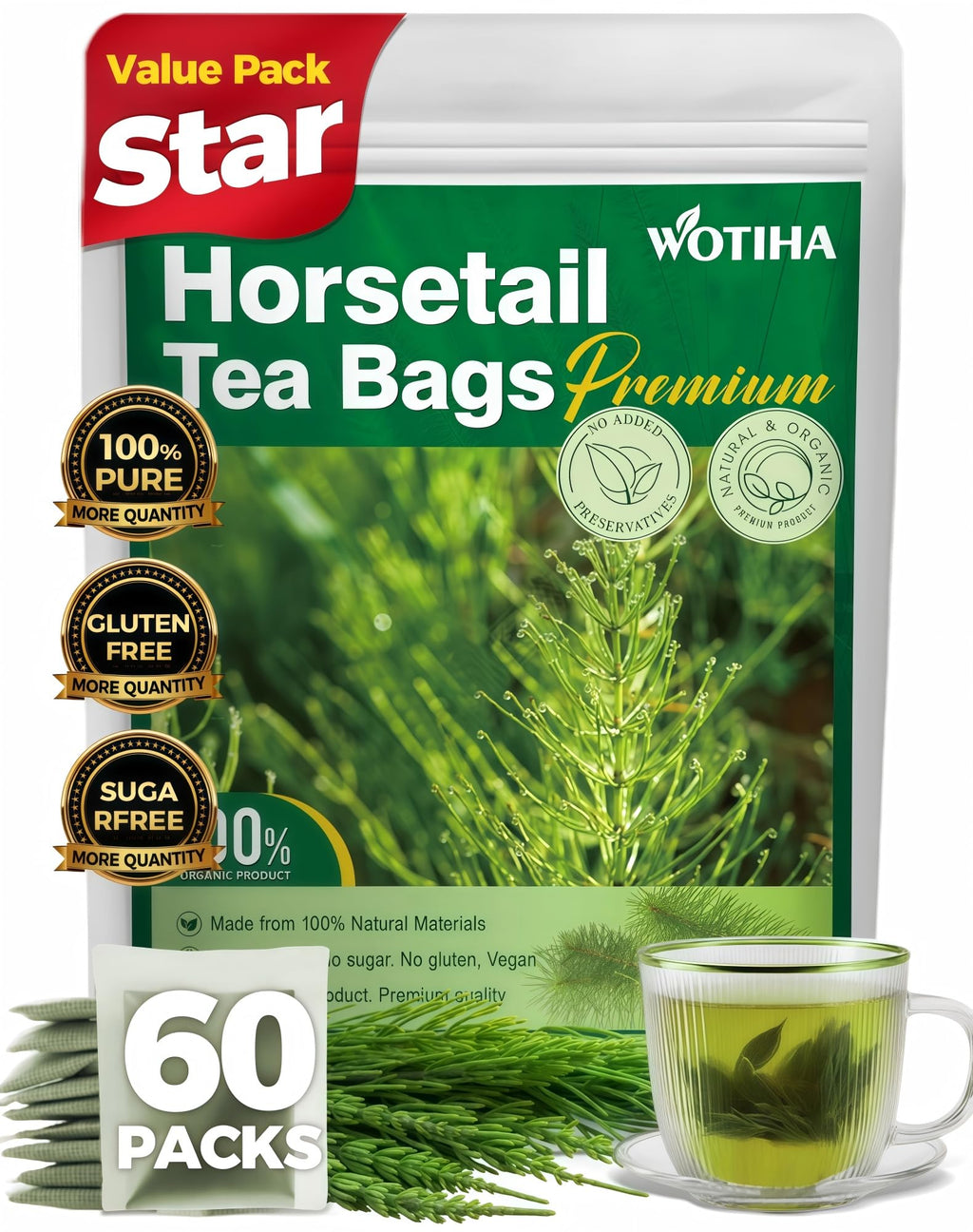 WOTIHA 60 Count Premium Horsetail Tea Bags - 100% Natural Pure Herb, Supports Hair & Nail Health, Caffeine/Additive/Sugar-Free, Non-GMO, Cola De Caballo Hierba