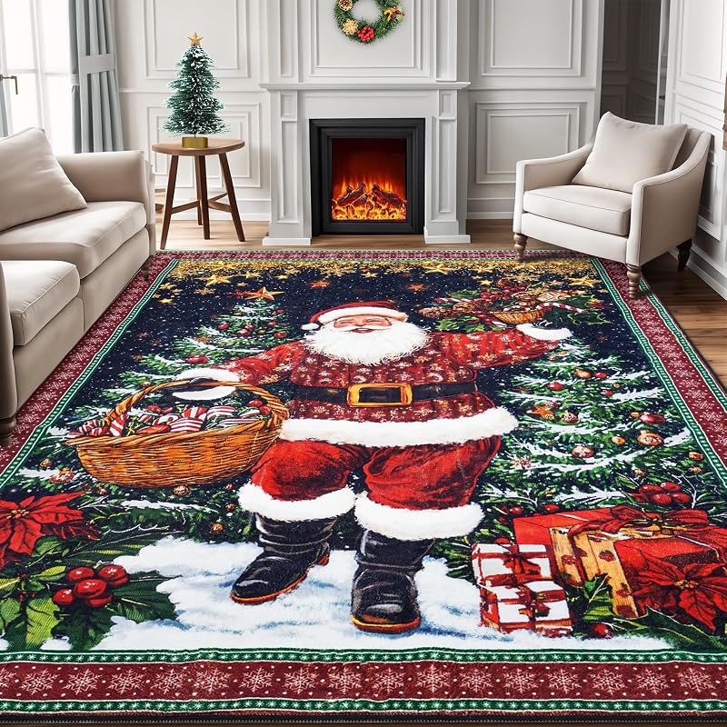 12' x 9' Santa Claus Christmas Rug for Living Room - Washable Faux Wool Non-Slip