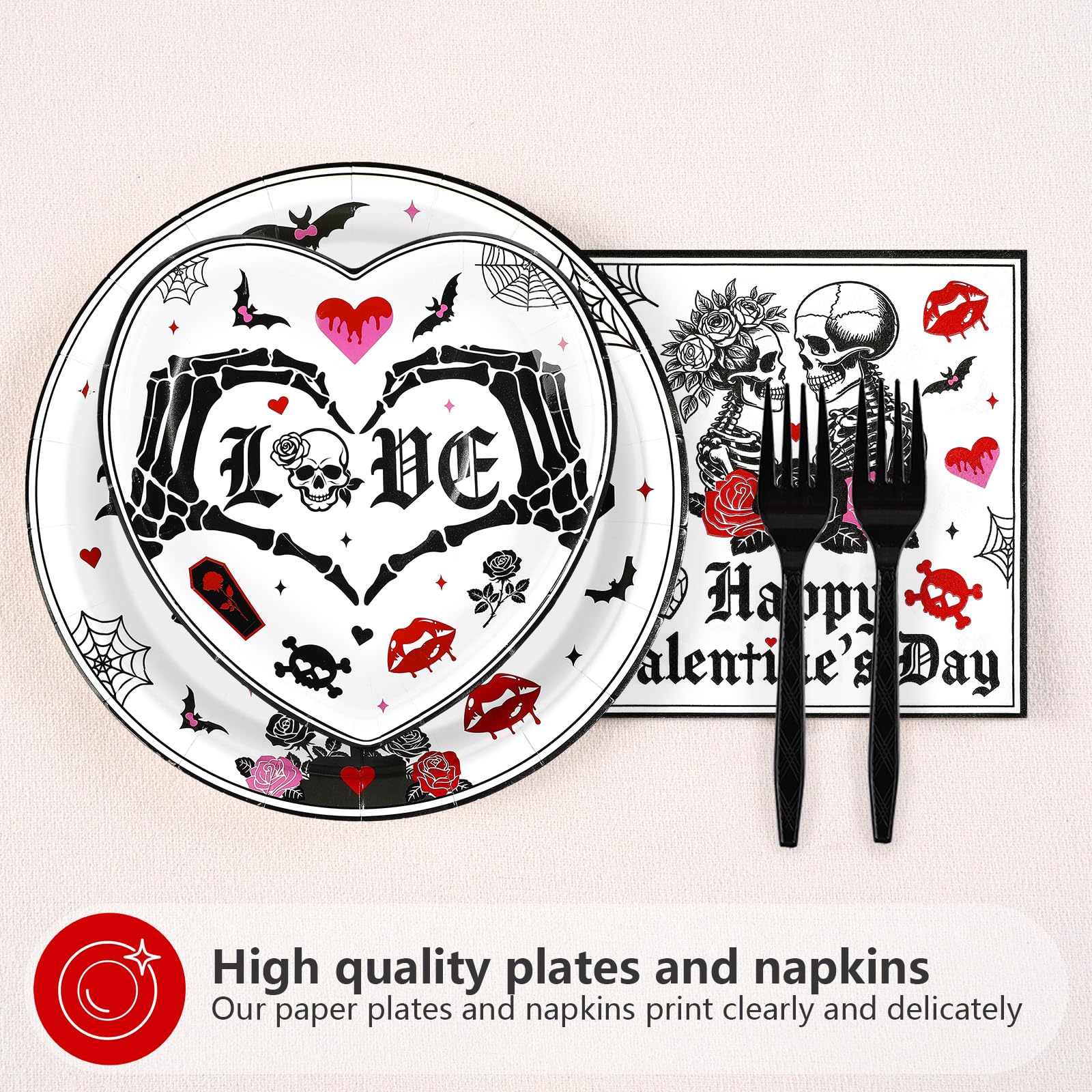 Greencian 96Pcs Valentine's Day Party Supplies Romantic Gothic Heart Love Plates and Napkins Happy Valentine Day Tableware Set for Gothic Valentines Day Wedding Anniversary Party Supplies Serves 24