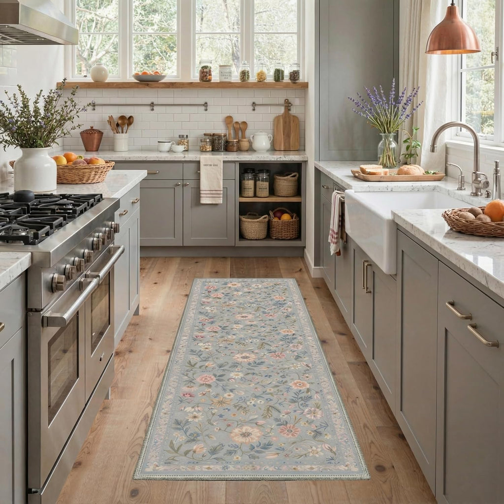 Bavni Runner Rug - Vintage Floral Print, Machine Washable & Non-Slip - 2.5x6 ft, Misty Blue
