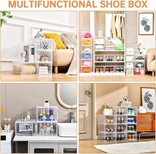 INSTY Large Shoe Storage Box - 12 Pack Clear Organizer with Magnetic Door | Stackable Design for Sneakers, Fits US Size 12