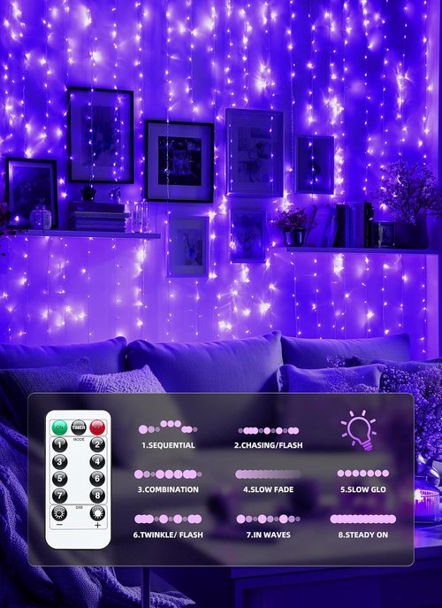 Brightown 300 LED Purple Fairy Curtain Lights - 9.8ft x 9.8ft String Lights with Remote & 8 Modes for Indoor/Outdoor Use