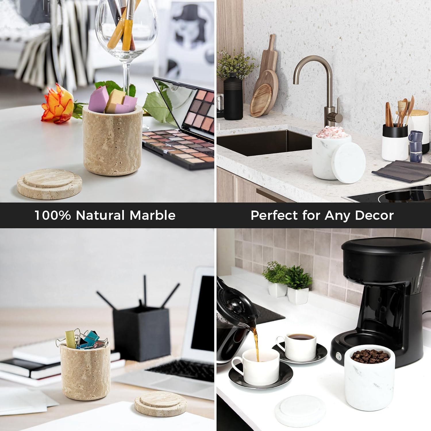 WORHE Travertine Qtip Holder Dispenser - Large Capacity Marble Jar for Bathroom Essentials | Beige
