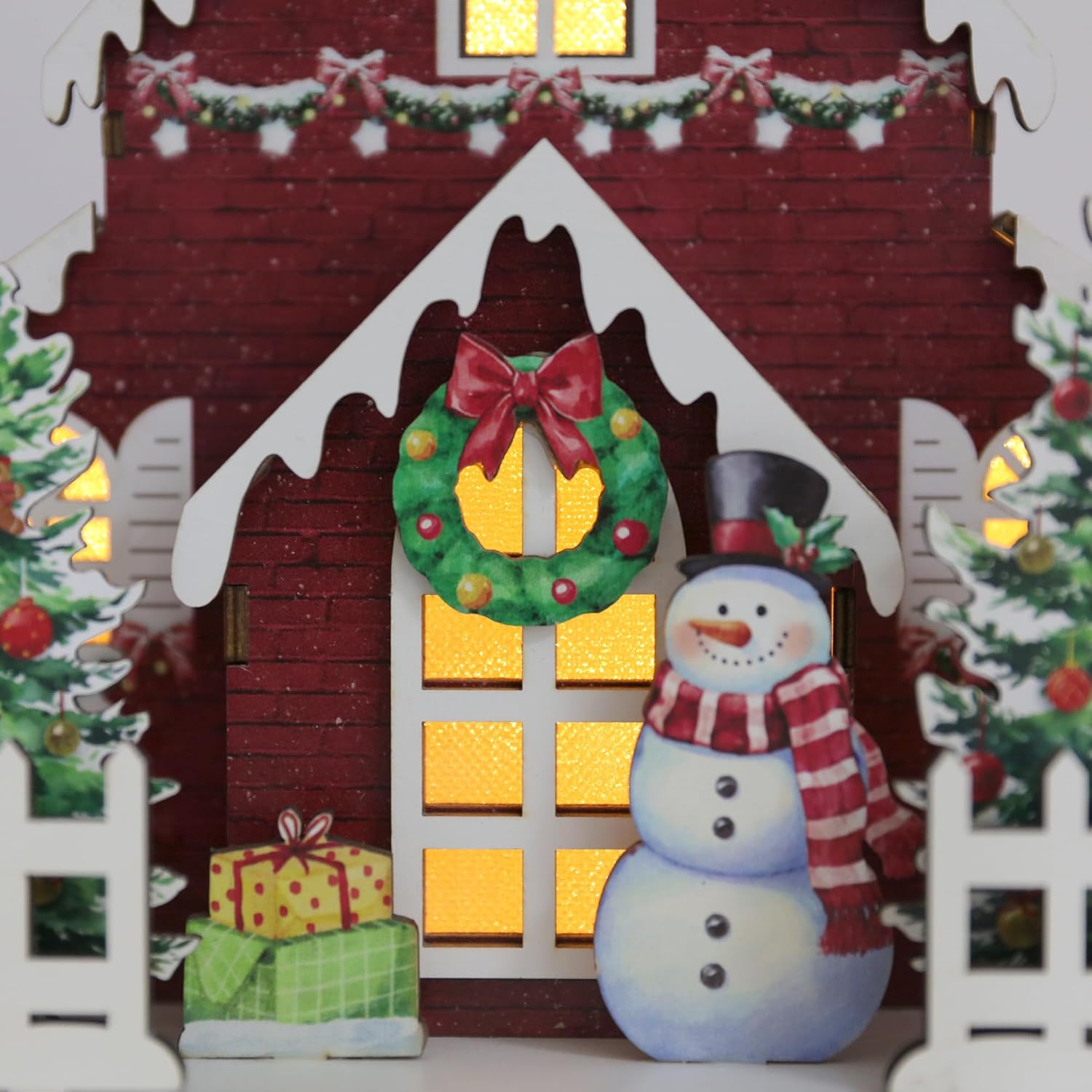 Wooden Lighted Christmas Church Decor | 11.8” Xmas Village Chapel with LED Lights & Snowman