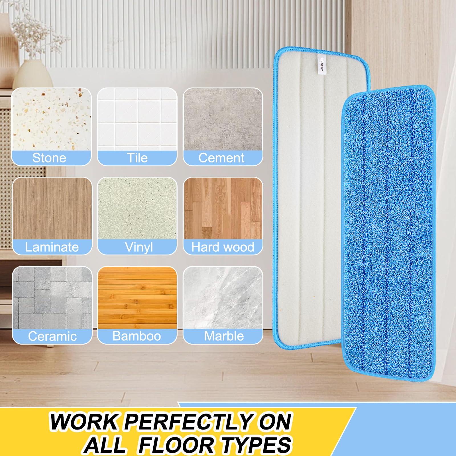 H-Gamely 16.5 inch Reusable Mop Pads Microfiber Spray Mop Replacement Heads for Wet/Dry Mops Compatible with Bona Floor Care System (5 Pack)