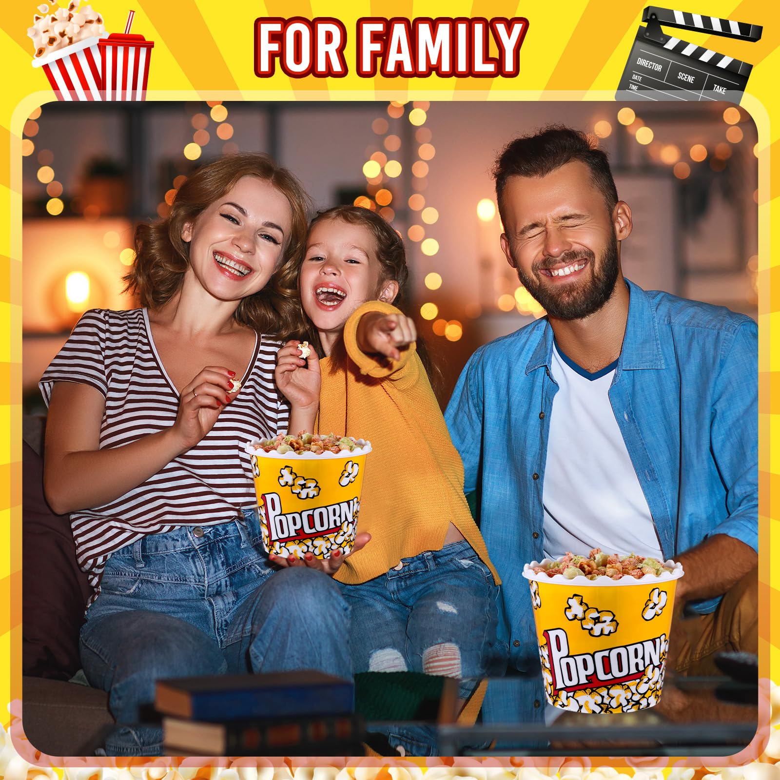 Roshtia 6 Pieces Plastic Popcorn Containers Reusable Buckets 75 oz Popcorn Boxes Bowl with Scoop Retro Style Red Plastic Scoop Set for Movie Theater Night(Classic)