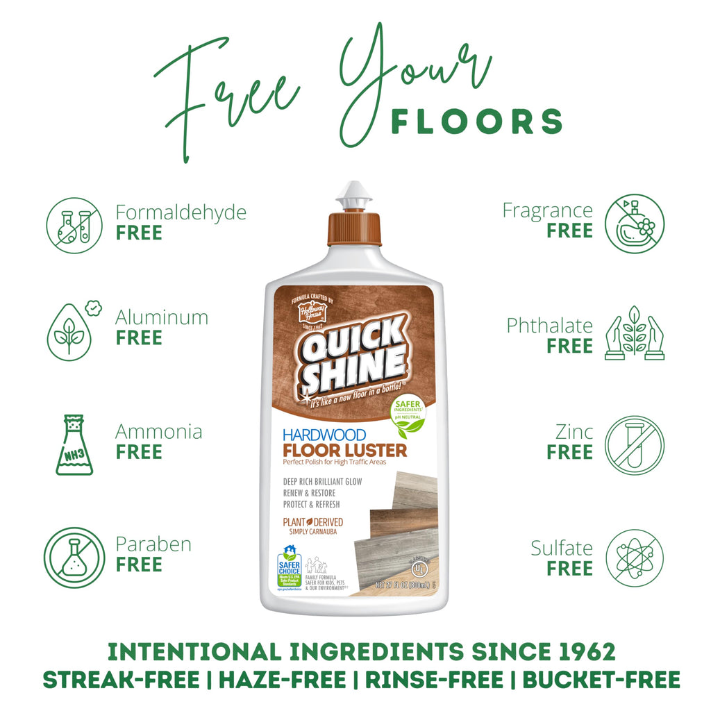 Quick Shine Hardwood Floor Cleaner & Wood Floor Polish w/Plant-Derived Carnauba 2-27oz Bottles, Removes Scratches, Safer Choice, A Clean That Can Be Seen