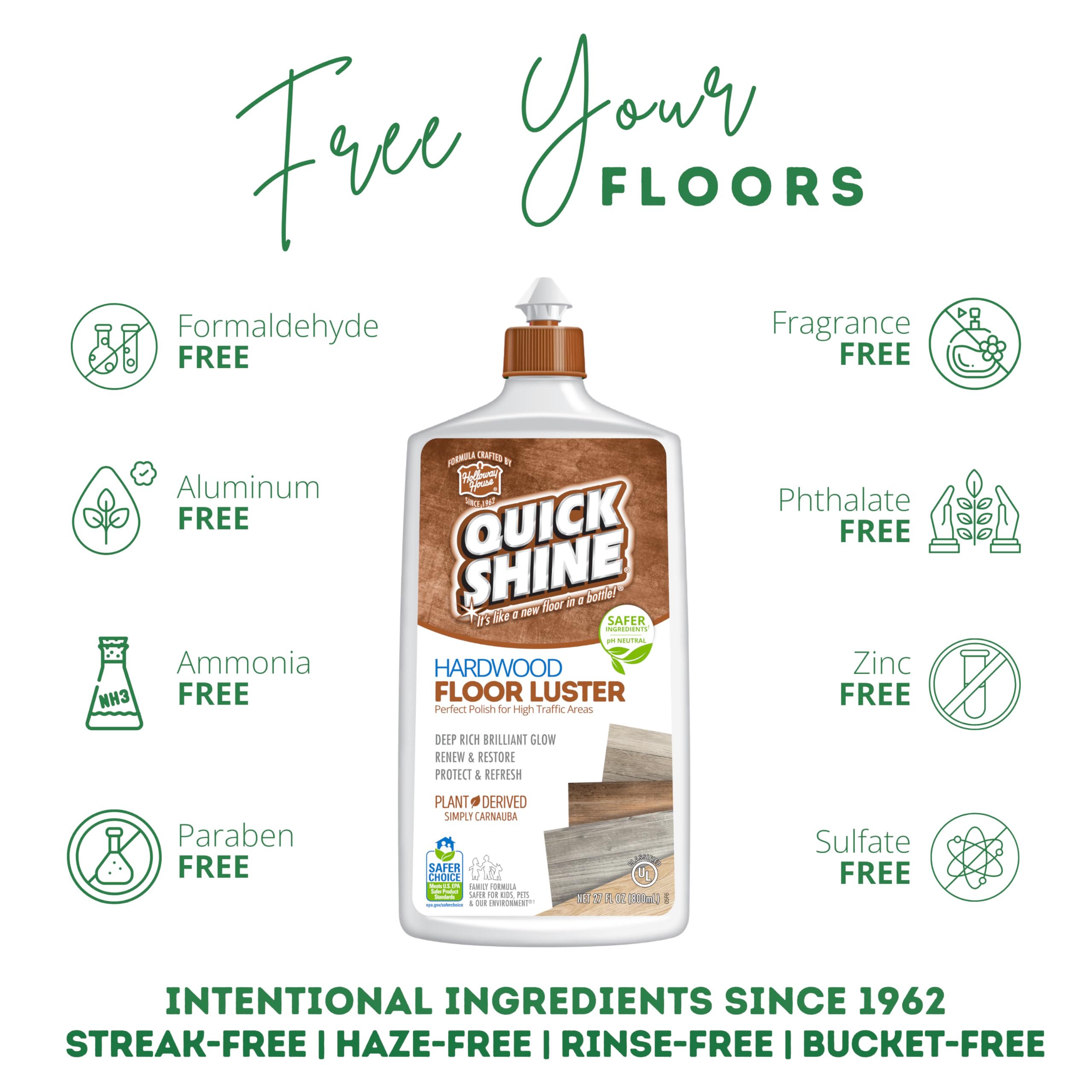 Quick Shine Hardwood Floor Cleaner & Wood Floor Polish w/Plant-Derived Carnauba 2-27oz Bottles, Removes Scratches, Safer Choice, A Clean That Can Be Seen