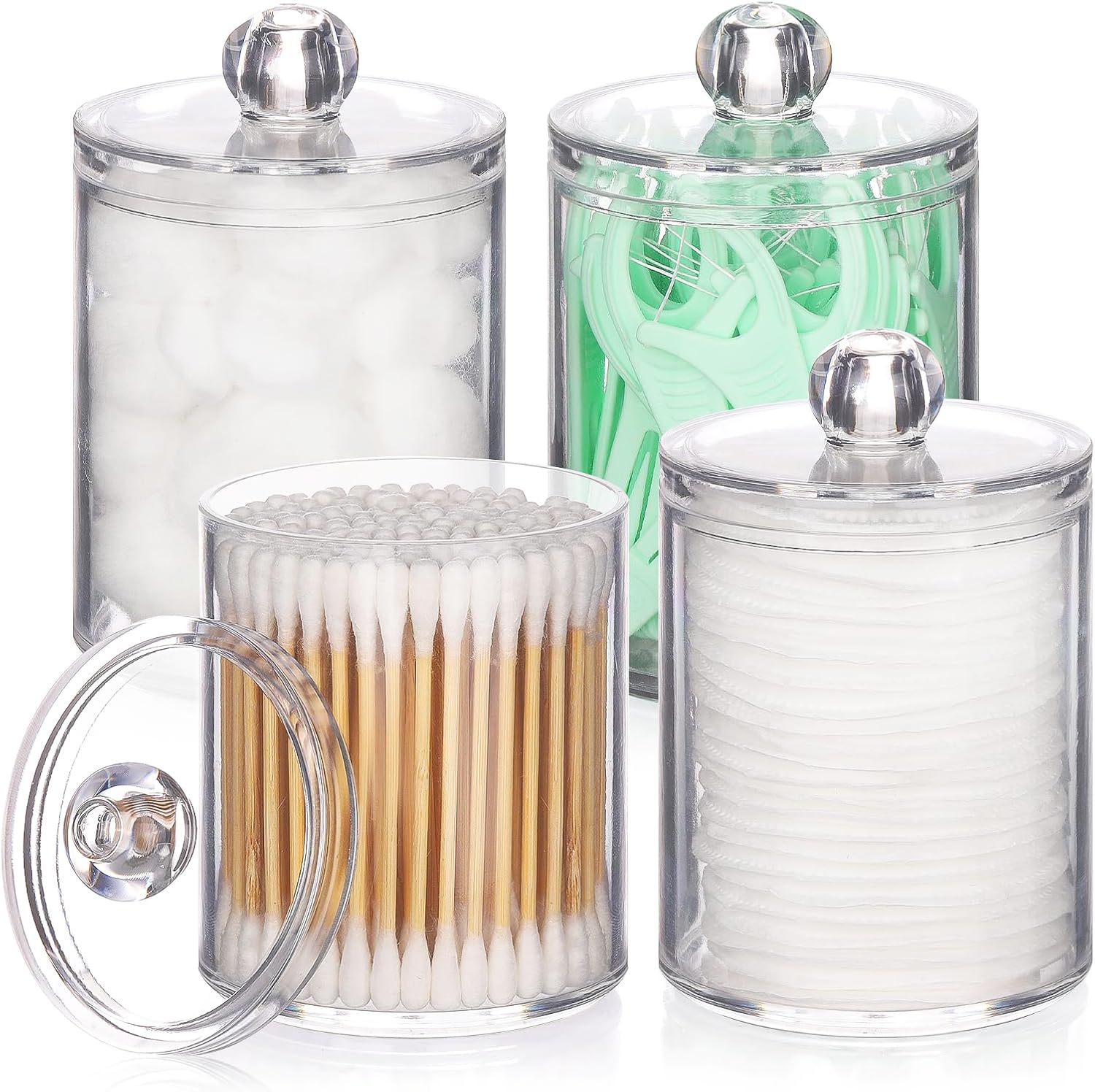 Tbestmax Qtip Holder Set - 4 Clear Plastic Apothecary Jars for Bathroom Organization | Cotton Swabs & More