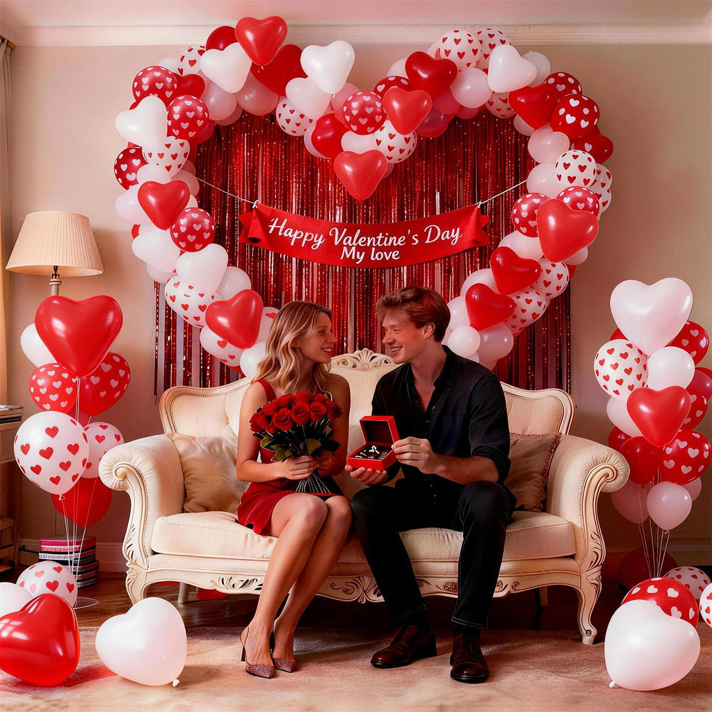 Valentines Day Balloons 60 Pack Red White Heart Shaped Balloons Set Romantic Heart Print Latex Balloon for Sweet Galentines Proposal Engagement Wedding Bridal Shower Mothers Day Party Decorations