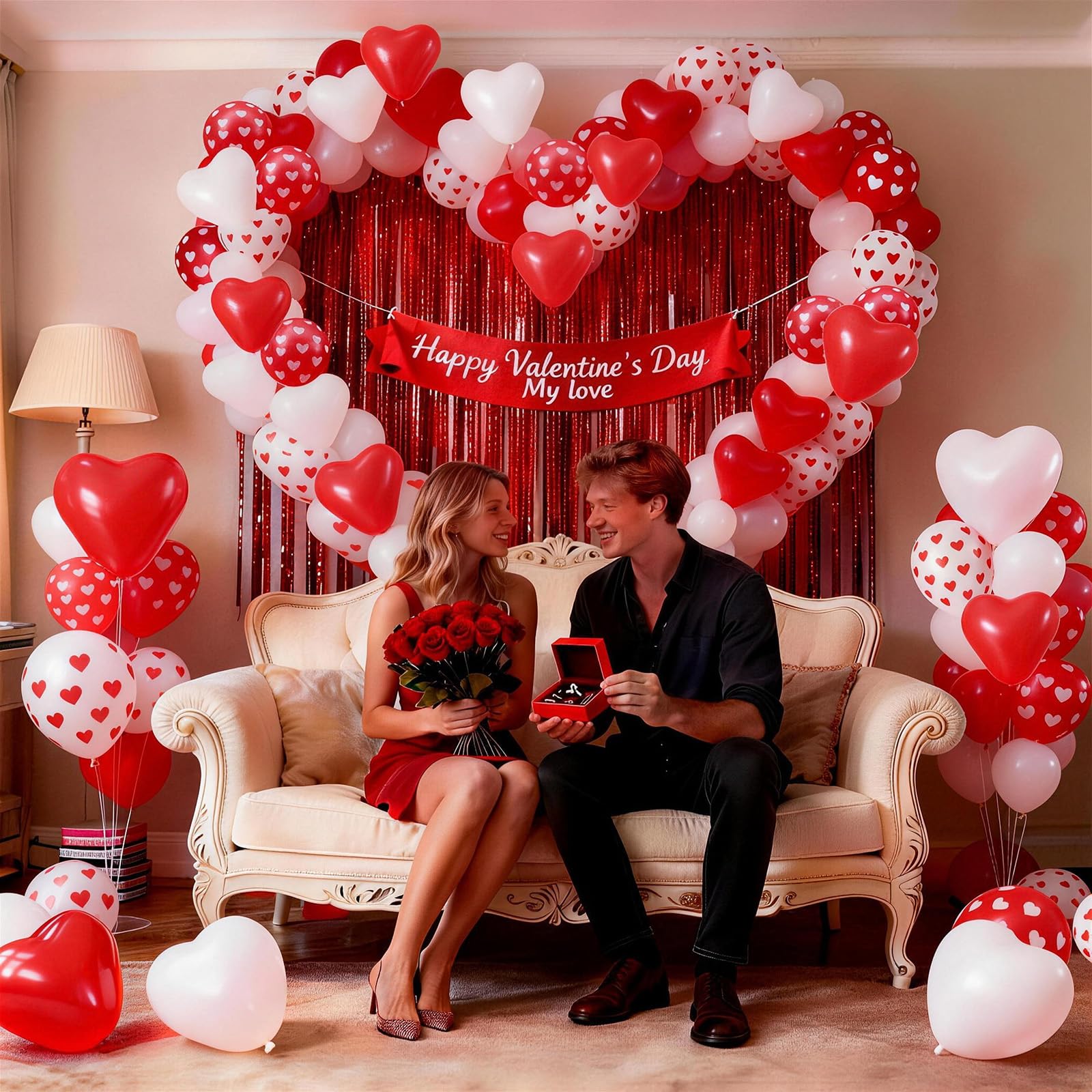 Valentines Day Balloons 60 Pack Red White Heart Shaped Balloons Set Romantic Heart Print Latex Balloon for Sweet Galentines Proposal Engagement Wedding Bridal Shower Mothers Day Party Decorations
