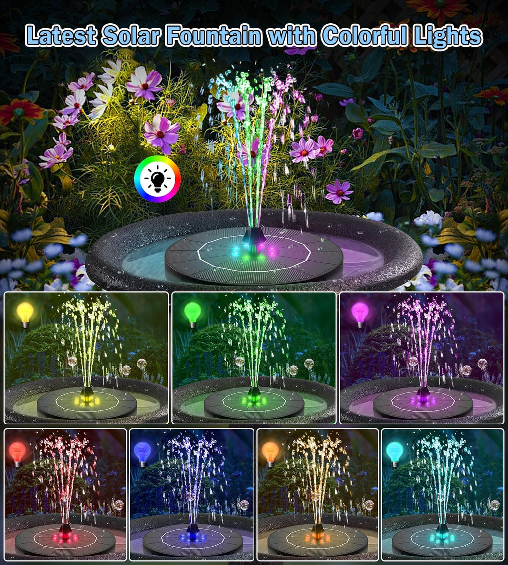 SZMP Solar Water Fountain - 3.5W Bird Bath Pump with Color LED Lights & 7 Nozzles | Outdoor Garden Feature