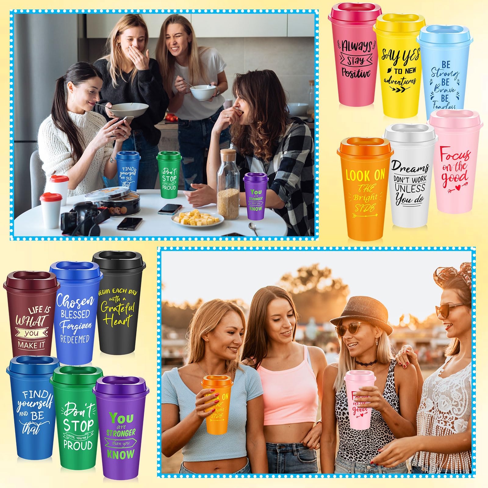 FillTouch 72 Pcs Inspirational Cups Bulk Employee Appreciation Gifts, 16 oz Reusable Plastic Coffee Cups for Coworkers, Staff, Teammates, Office Prizes for Women and Men (Bright Color,Inspirational)