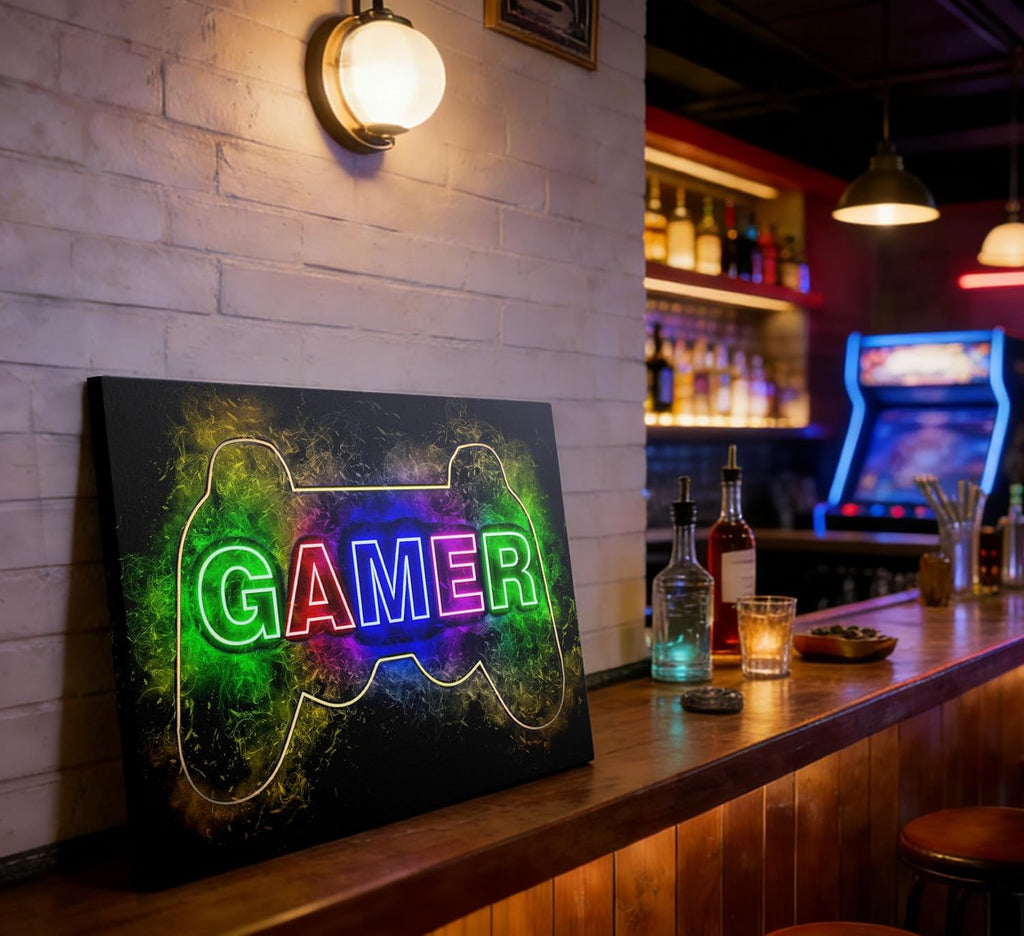 Skiennix Cool Gaming Canvas Wall Art - Colorful Neon Gamepad Poster for Teen Boys Room | 12 x 16 Inch