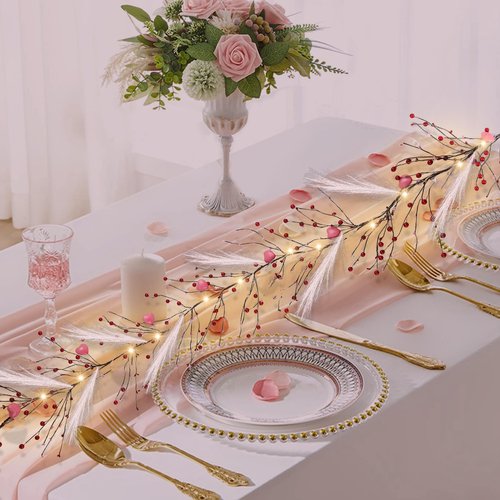 DR.DUDU Valentines Garland, 6 FT Lighted Garlands for Mantle with Heart Lights Pink Feather Red Berry, Pre-lit Valentine Decorations for Fireplace Indoor Outdoor Home Table Party Wedding