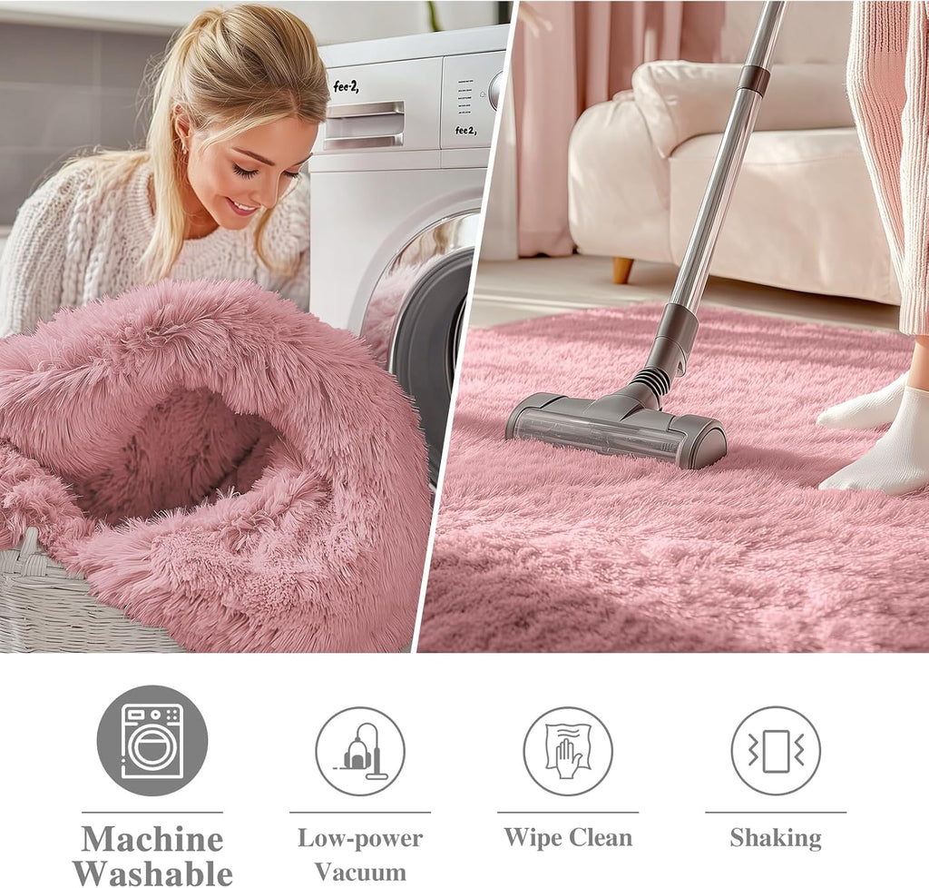 OLANLY Round Area Rug - Soft & Fluffy Pale Pink Shaggy Carpet | 5 ft Circle for Bedroom & Living Room Decor