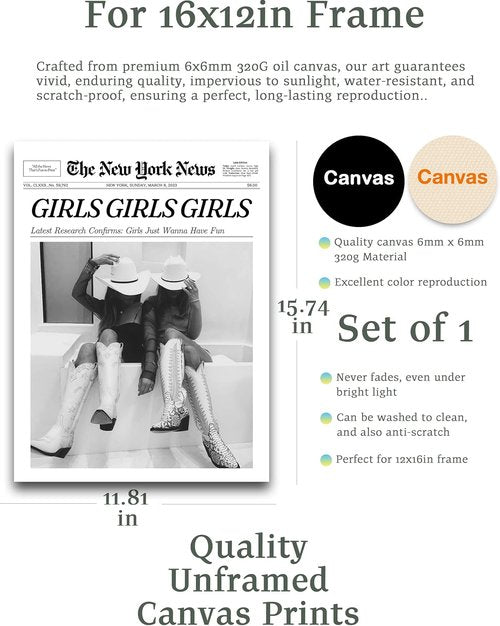 iHery Coastal Cowgirl Wall Art Print - Vintage New York Newspaper Design | 12x16in Black Canvas