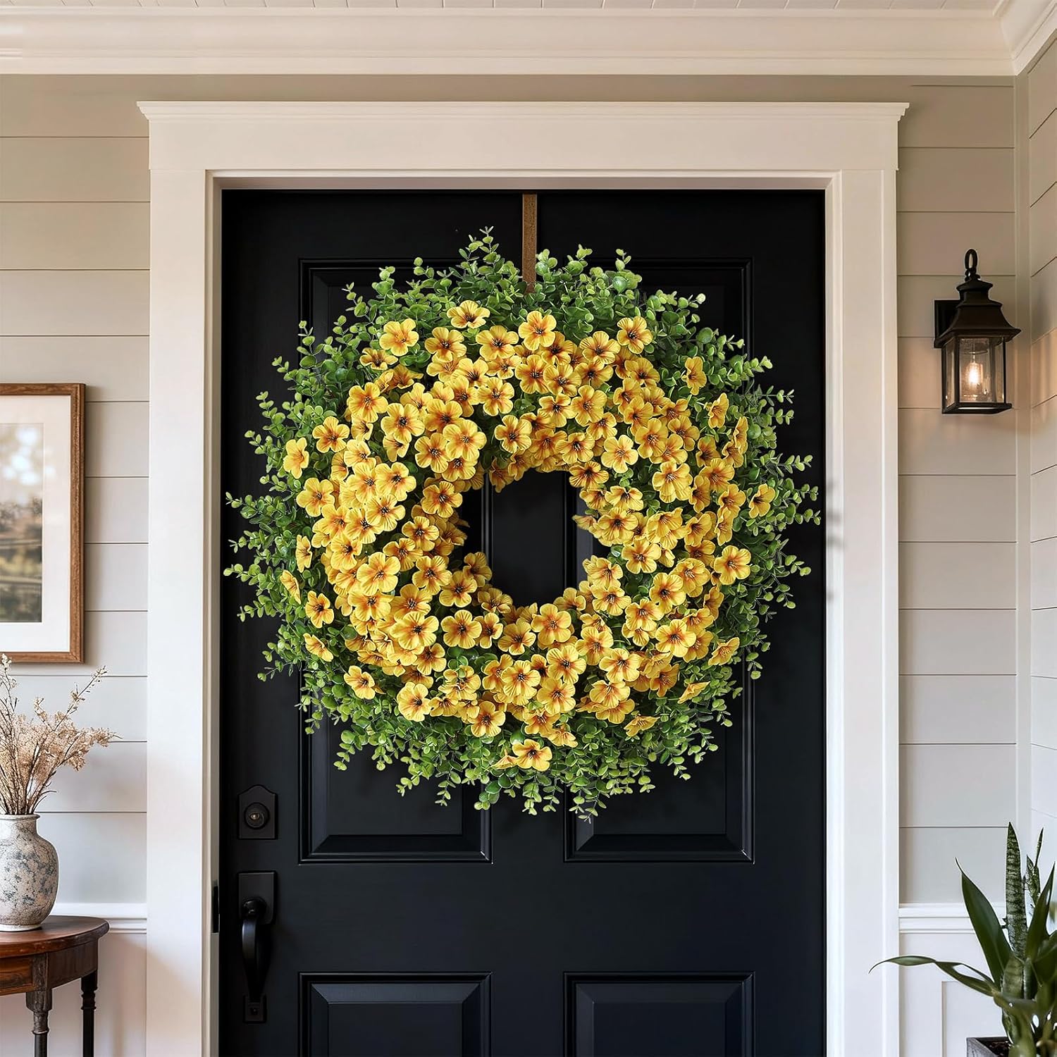Skiennix 26" Large Artificial Eucalyptus Wreath - Realistic Faux Silk Morning Glory Flowers for Home & Wedding Decor (Yellow)