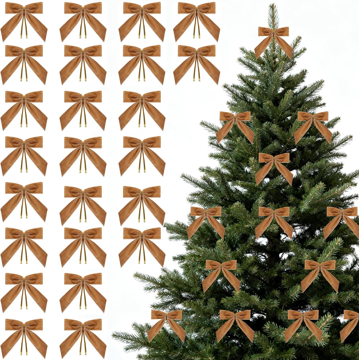 Skiennix 24 Pcs Small Brown Velvet Bows - 3.5 Inch Khaki Ornaments for Valentine's Day & DIY Crafts