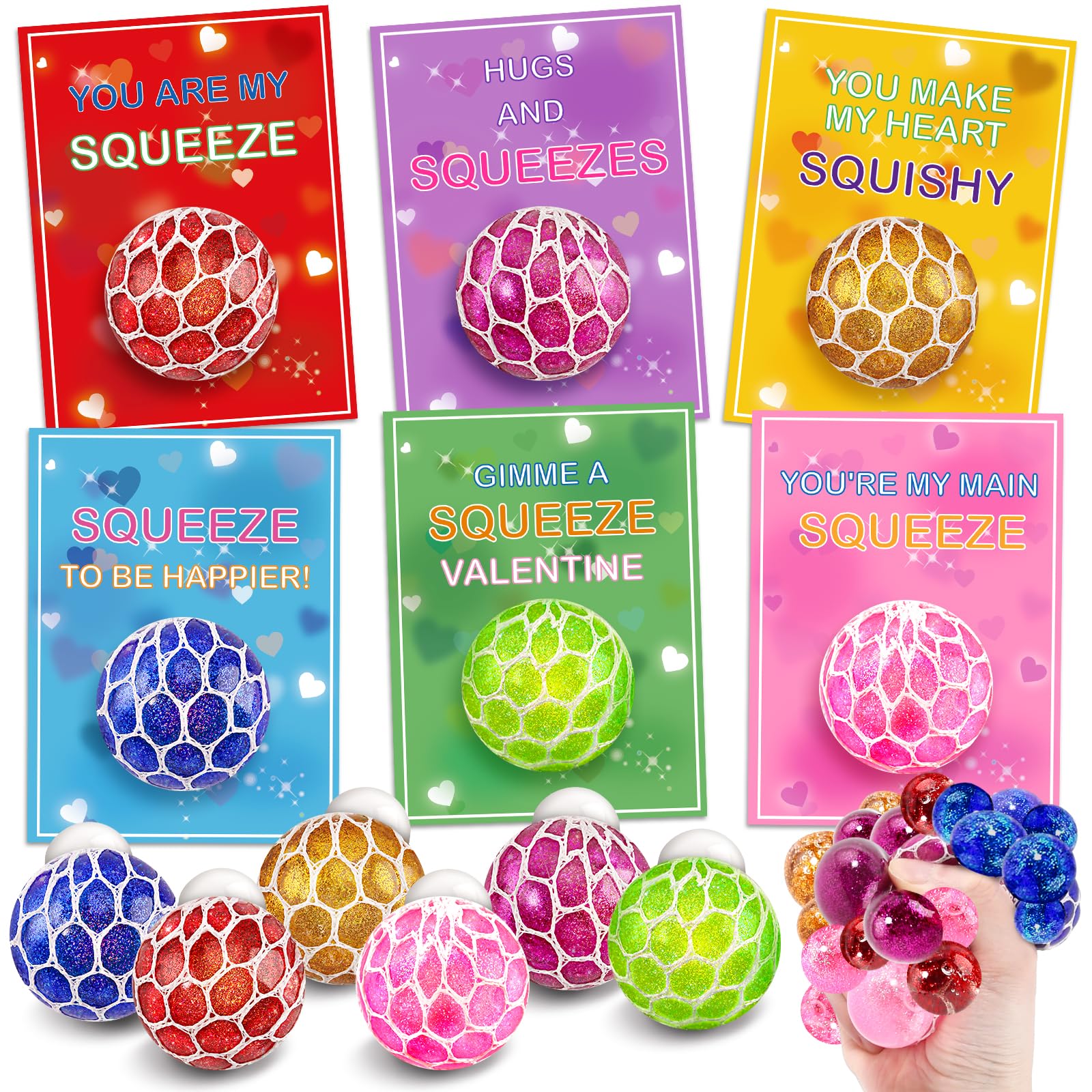 Hbjnnug 24 Pack Valentines Cards for Kids School Classroom, Kids Valentines Day Cards with Squeeze Ball Toys, School Classroom Valentines Day Gifts for Kids Exchange Valentine Party Favors Prize