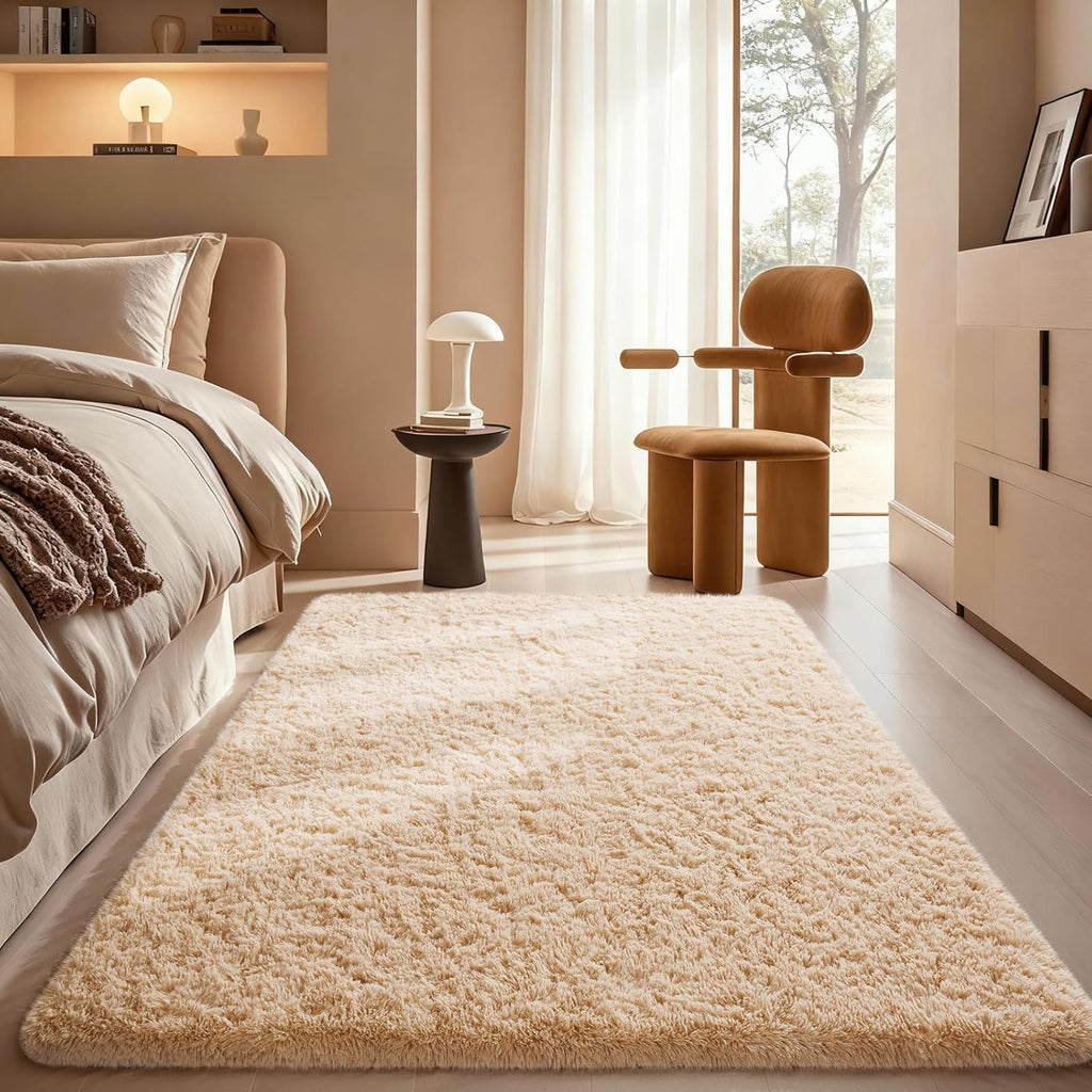 Ophanie Beige Area Rug - Fluffy Plush Shaggy Carpet for Bedroom & Living Room | 4x6 Indoor Decor