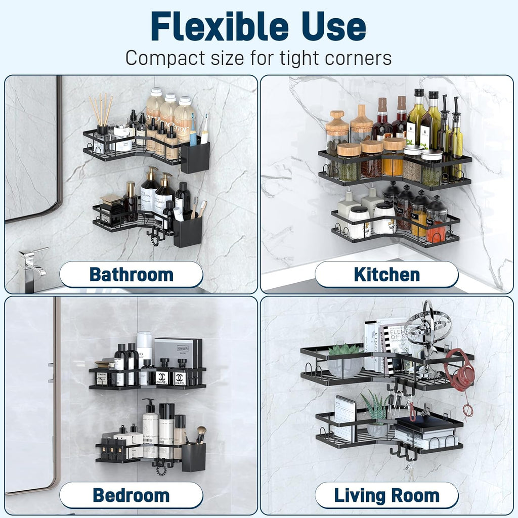 Sitlais Corner Shower Caddy - Rustproof Metal Wall-Mounted Shelves with Storage Boxes & Hooks | Durable Black, No-Drill Design