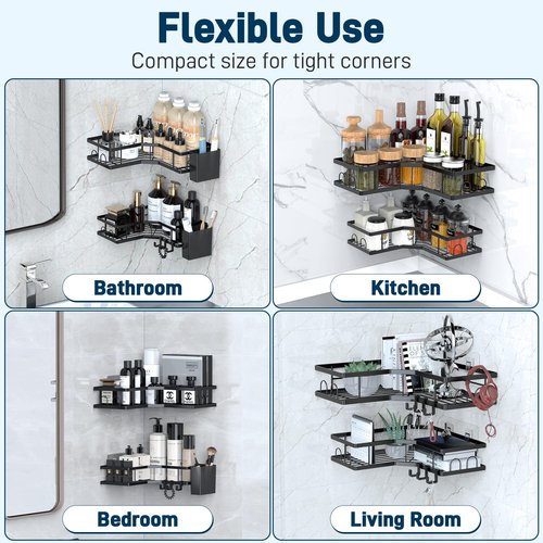 Sitlais Corner Adhesive Shower Caddy, 5-Pack Rustproof Metal Corner Shelves with 2 Storage Boxes, 18 Hooks, No Drilling Wall Mounted Bathroom Organizer for 90° Corner, Black