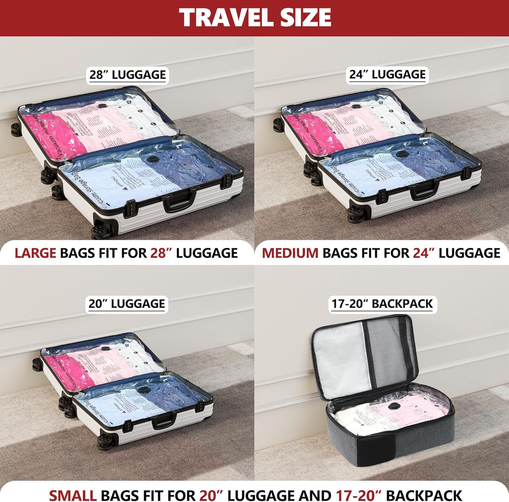 Skiennix Vacuum Bags for Travel - 12 Combo Set with Rechargeable Pump | Space-Saving Compression Bags for Luggage