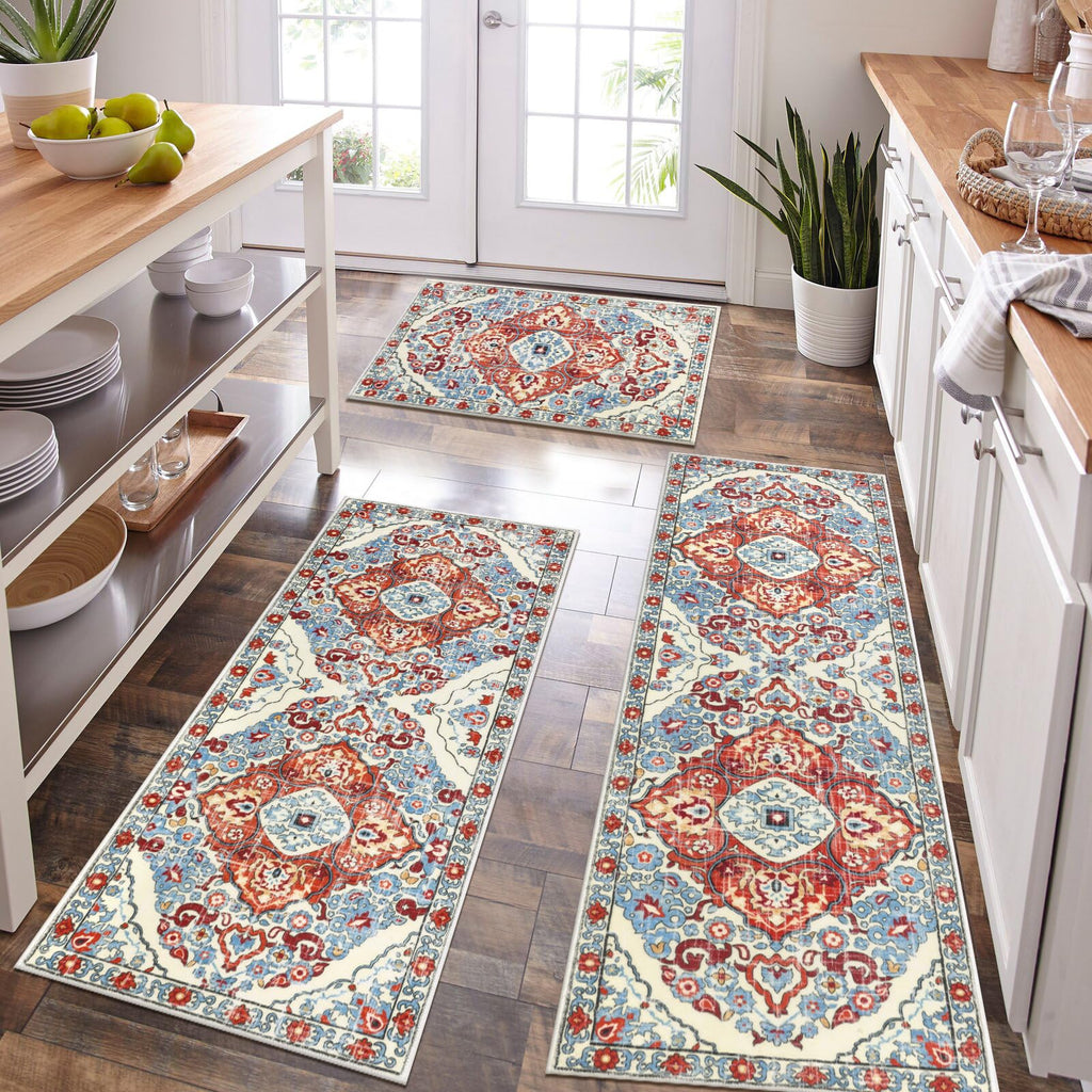 HEBE Farmhouse Kitchen Rugs Sets of 3 Non Slip Washable Boho Kitchen Rugs and Mats for Floor Kitchen Runner Rug Floor Carpet for Kitchen, Laundry, Hallways
