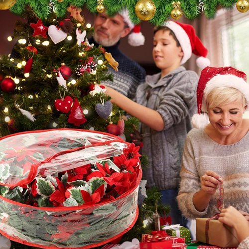 4 Pcs Christmas Wreath Storage Bag - 24 Inch Waterproof PVC Container with Red Edging & Handles