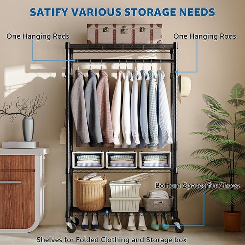 M MZG Heavy Duty Rolling Garment Rack 3 Tiers Adjustable Wire Shelving Clothes Rack with Rods and Side Hooks,Storage Closet Clothing Rack with Wheels Black 15.7" D x 29.5" W x 74.5" H