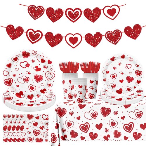 Valentines Day Party Decorations Tableware,146Pcs Valentines Plates and Napkins,Tablecloth,Cups,Forks, Knives,Banner,Heart Plates and Napkins for Kids Valentines Party Supplies,Sever 24