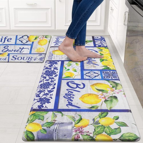 Likiyol Kitchen Mats - 2Pcs Set: Anti Fatigue, Non Slip, Lemon Print Design, Washable for Kitchen & Home Floor, 18''x30''+18''x48''