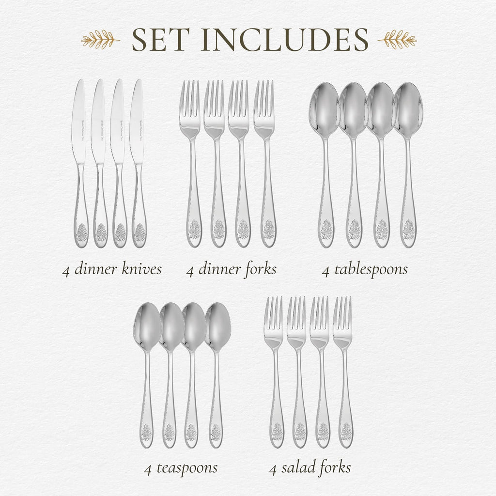 Spode Christmas Tree Collection 20-Piece Stainless Steel Flatware Set - Holiday Cutlery Set - Dishwasher Safe Silverware - 4 Dinner Forks, Salad Forks, Dinner Knives, Tablespoons, Teaspoons