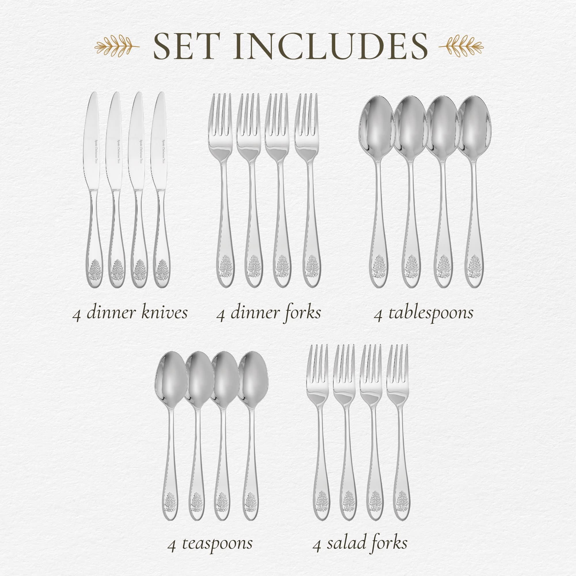 Spode Christmas Tree Collection 20-Piece Stainless Steel Flatware Set - Holiday Cutlery Set - Dishwasher Safe Silverware - 4 Dinner Forks, Salad Forks, Dinner Knives, Tablespoons, Teaspoons