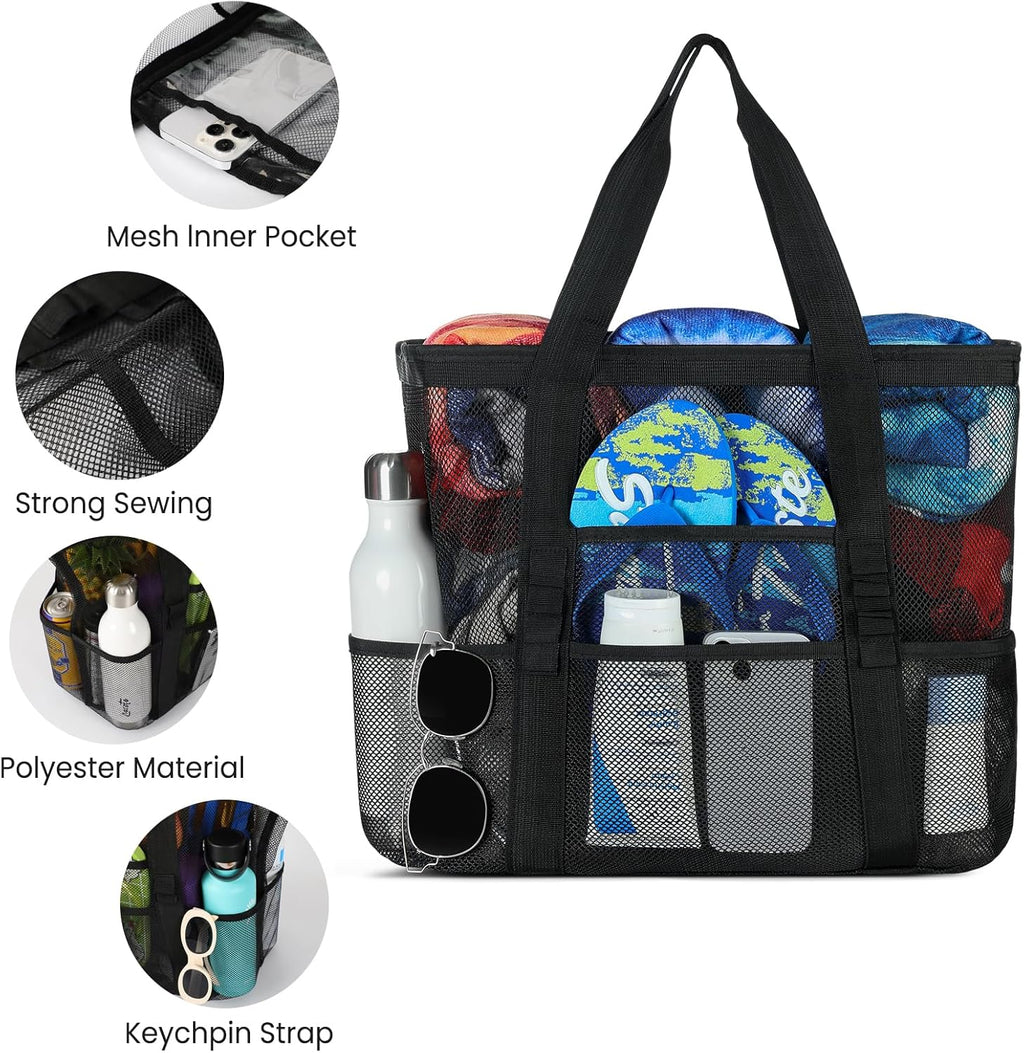 Mesh Beach Bag by [Brand Name] - Large Tote with 8 Pockets for Vacation Essentials