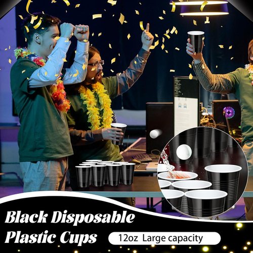 Dualshine 12 oz Heavy-Duty Black Plastic Cups - 100 Pack Disposable Party Drinkware for Events