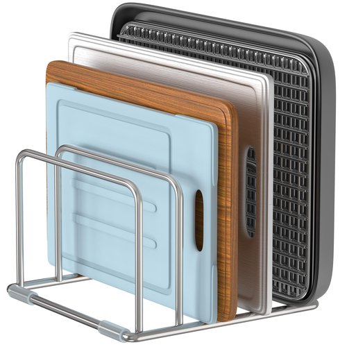 LAEMYFYRE Cutting Board Holder Stand, Chopping Board Organizer Rack with 304 Stainless Steel, Cookie Sheet Storage Organizer, 1.0 & 1.2 Inch Wide Slots (1 Pack)