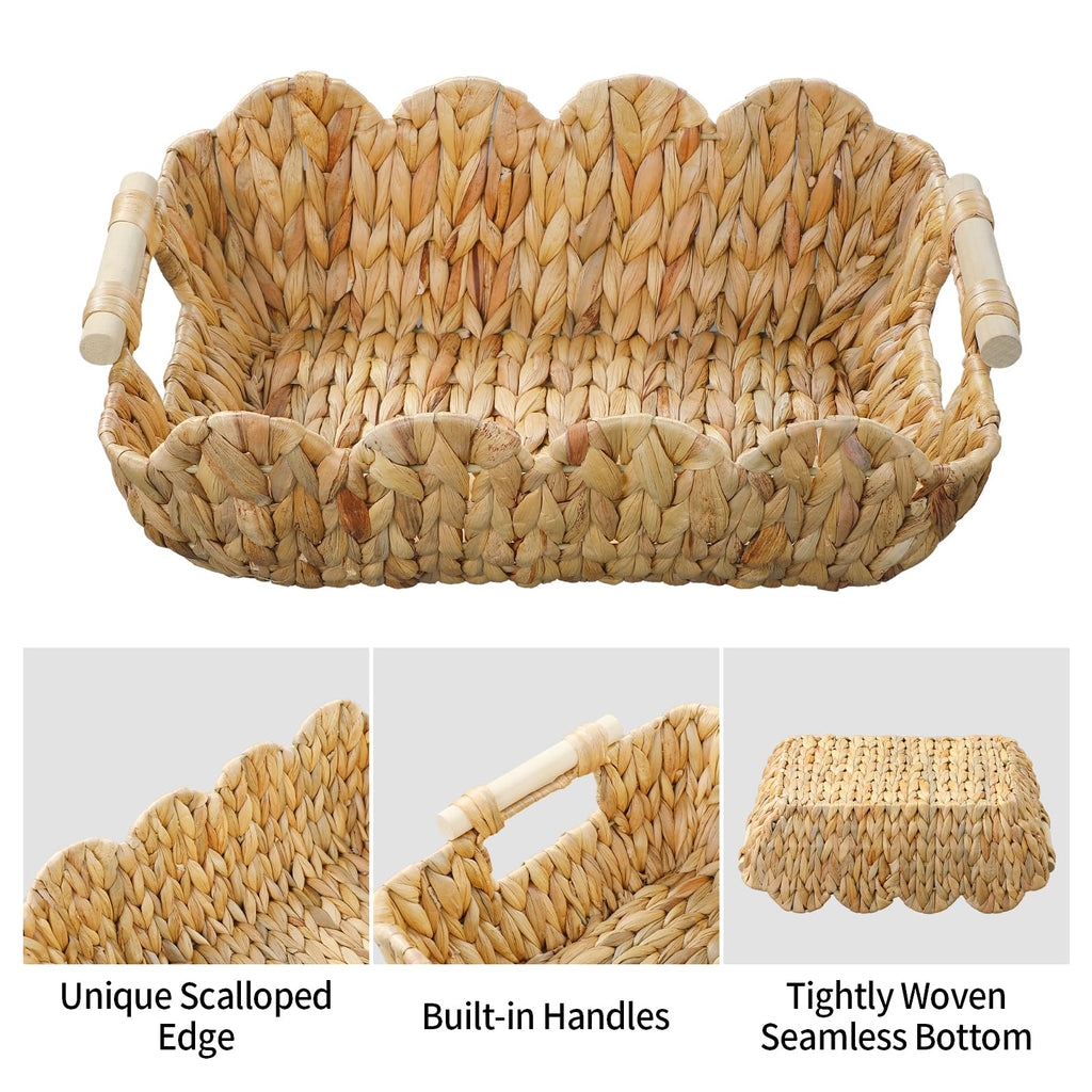 Coeusy Small Wicker Basket 2 Pack,Scalloped Basket for Organizing and Decor,Natural Water Hyacinth Storage Baskets with Wooden Handles for Gifts,Snack,Shelves