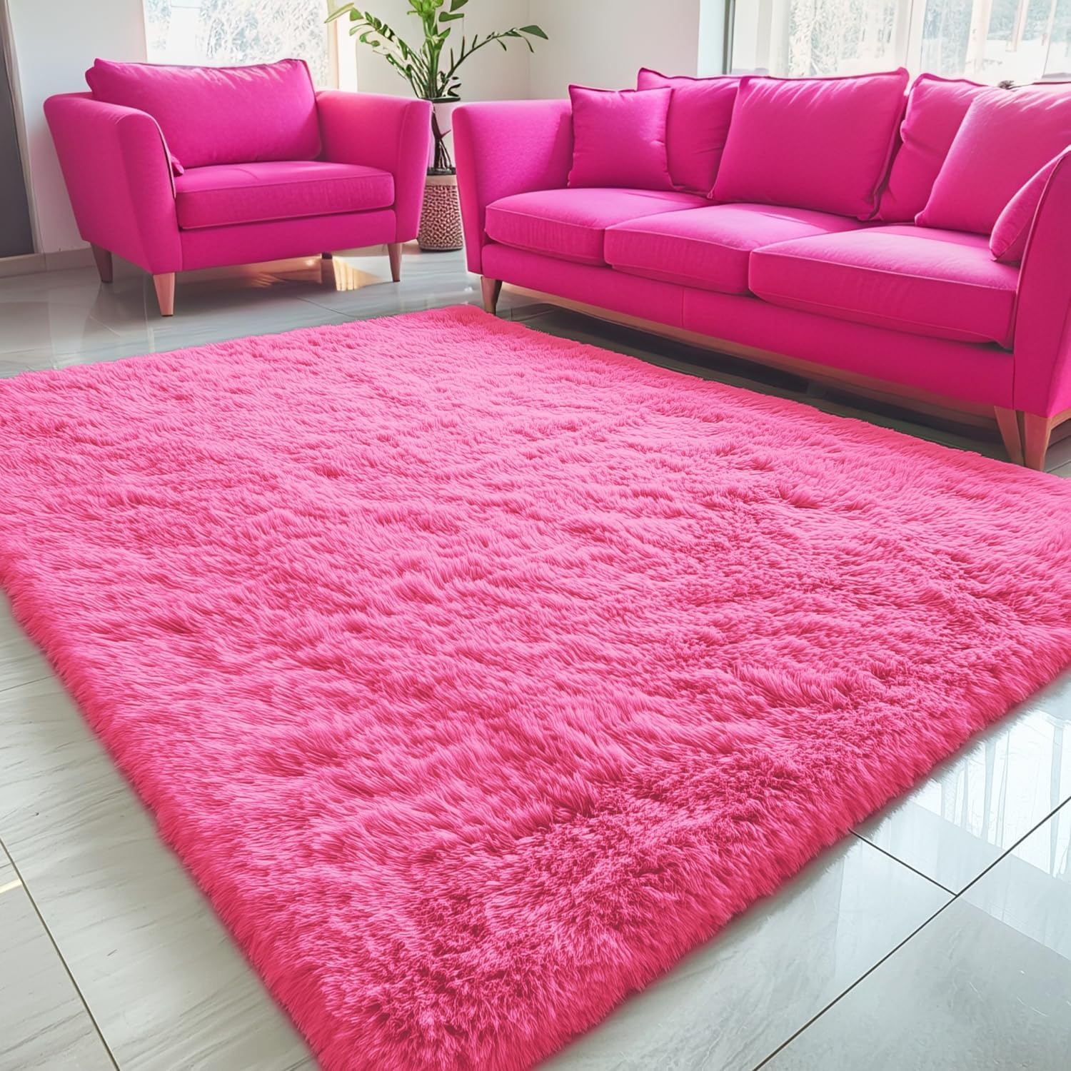 OLANLY Large 5x7 Machine Washable Area Rug - Soft Fluffy Shaggy Carpet for Living Room & Bedroom | Hot Pink