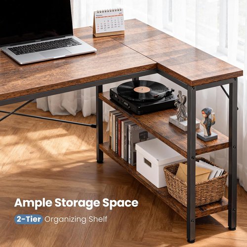 DUMOS L-Shaped Desk - 47-Inch Computer Desk with Reversible Storage Shelves | Rustic Brown Home Office Furniture